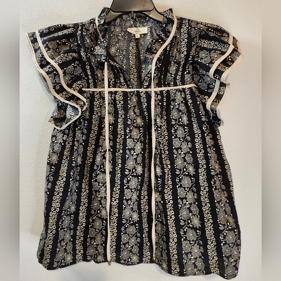Entro Rue 32 Floral Blouse 100% Cotton Black And Cream Cottagecore Size Small - Picture 8 of 9